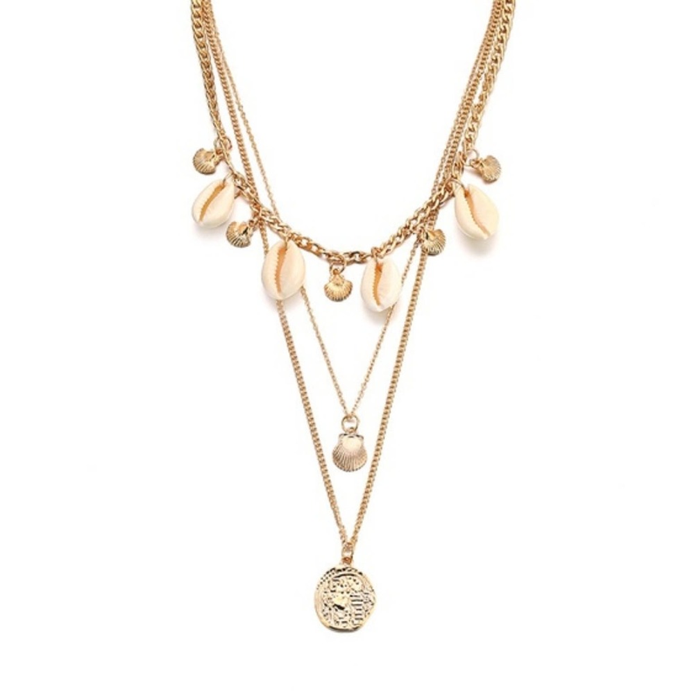 New Gold Layered Baroque Disc Cowrie Shell Pendant Necklace